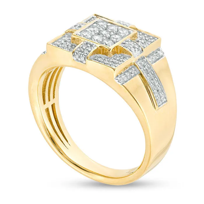 Mens 075 CT TW Square Composite Natural Diamond Tiered Cross Ring in Solid 14K Gold Goldia Rings