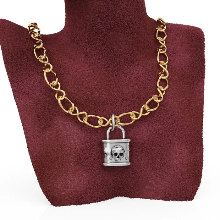 Jalvi Co PreStyled Sets Huge Skull n Bones Padlock 24mm Solid Gold Pendant 14k 18k Solid Gold Charm Lock Key Pendant Jewelry for him Goth Satan Jewelry