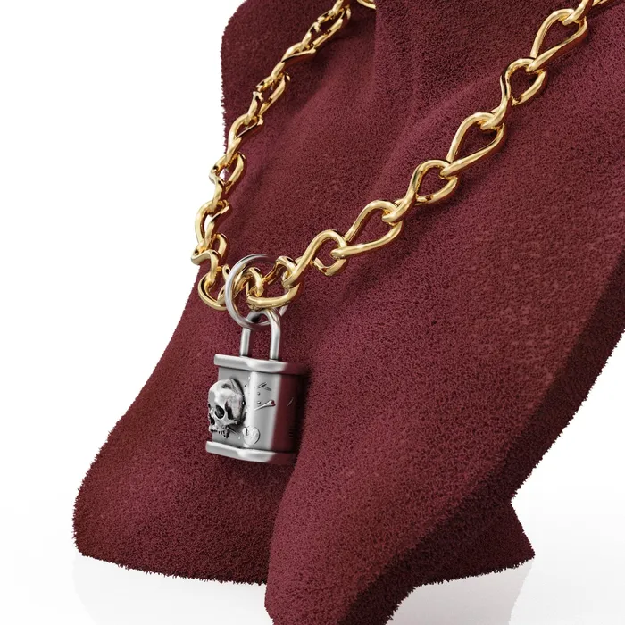 Jalvi Co PreStyled Sets Huge Skull n Bones Padlock 24mm Solid Gold Pendant 14k 18k Solid Gold Charm Lock Key Pendant Jewelry for him Goth Satan Jewelry