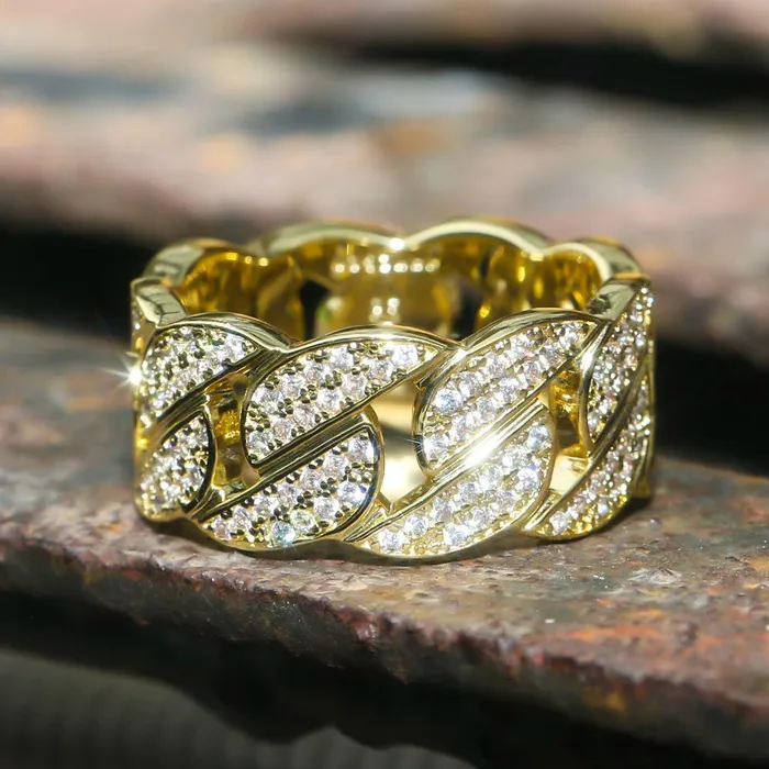 Rings Bling Proud Iced Out Diamond Cuban Link Ring Gold Plated