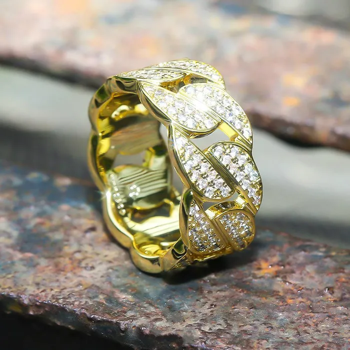 Rings Bling Proud Iced Out Diamond Cuban Link Ring Gold Plated