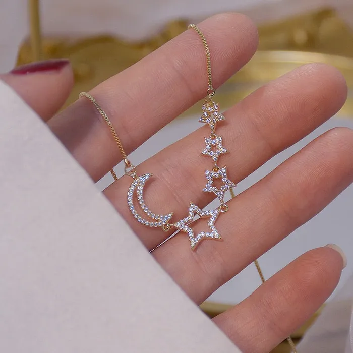 14k Gold Plated Pierced Zircon StarMoon Necklace for Women and Girls Shiny Chain Pendant Jewelry Sweet T 52 Necklaces 14k Gold Plated Pierced Zircon StarMoon Necklace for Women and Girls Shiny Chain Pendant Jewelry Sweet T 52 Necklaces