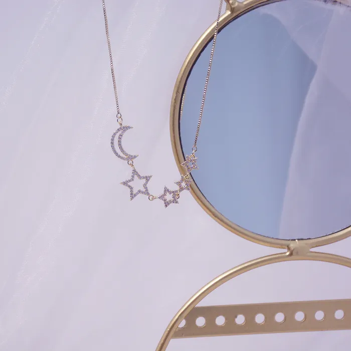 14k Gold Plated Pierced Zircon StarMoon Necklace for Women and Girls Shiny Chain Pendant Jewelry Sweet T 52 Necklaces