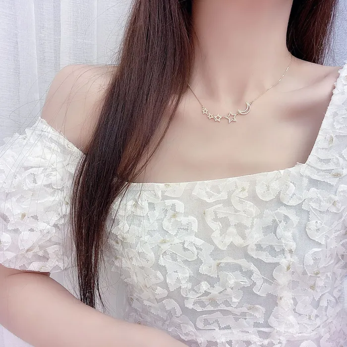 14k Gold Plated Pierced Zircon StarMoon Necklace for Women and Girls Shiny Chain Pendant Jewelry Sweet T 52 Necklaces
