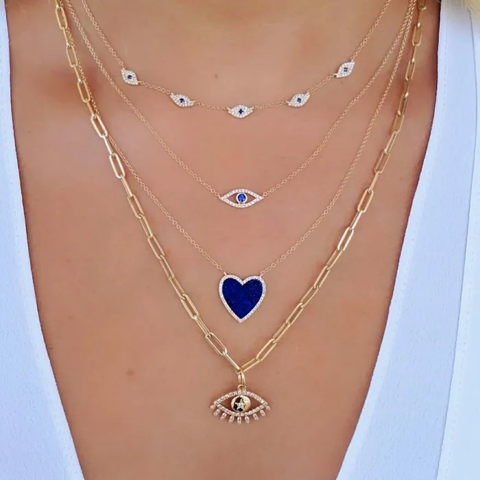 Necklaces Izakov Diamonds Fine Jewelry 14K Gold Micro Pave Diamond Blue Evil Eyes Necklace